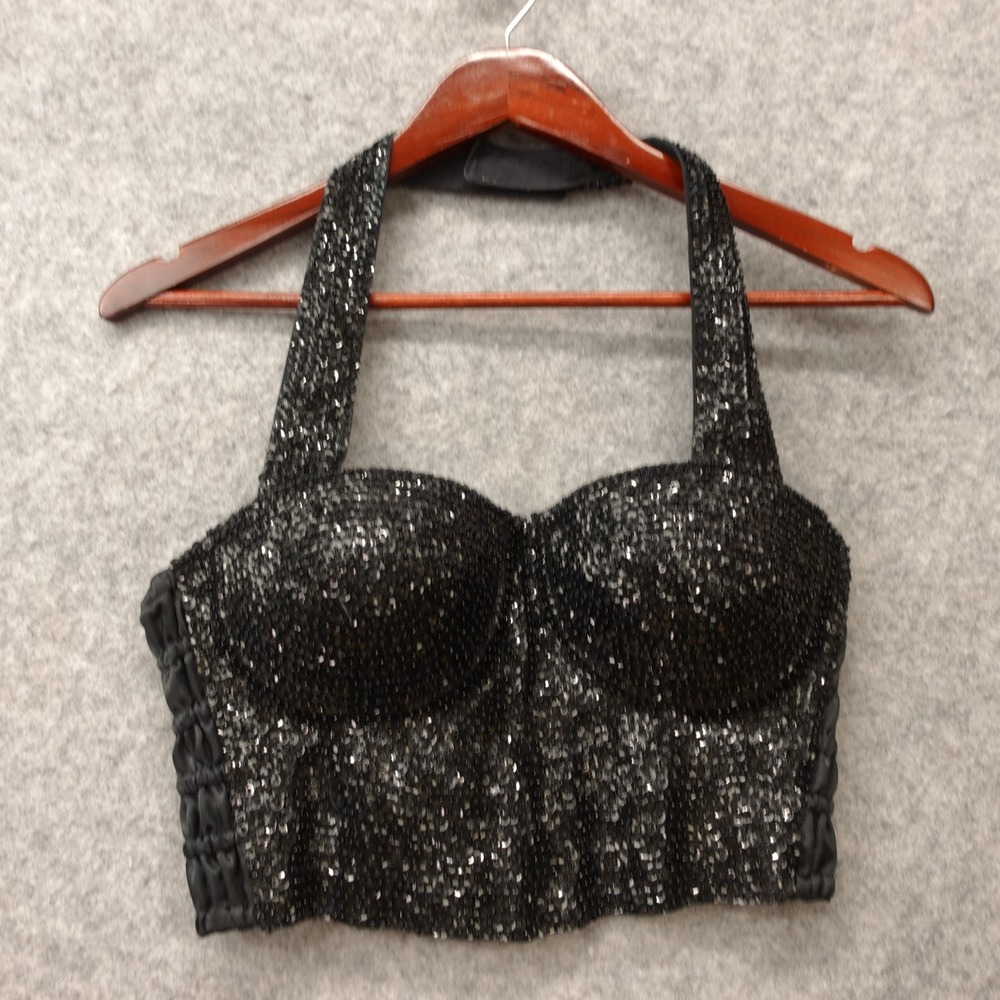 Y2K Corset Top Womens M Black Sparkle Grunge Halter Bustier Rave Sequin ULTRA